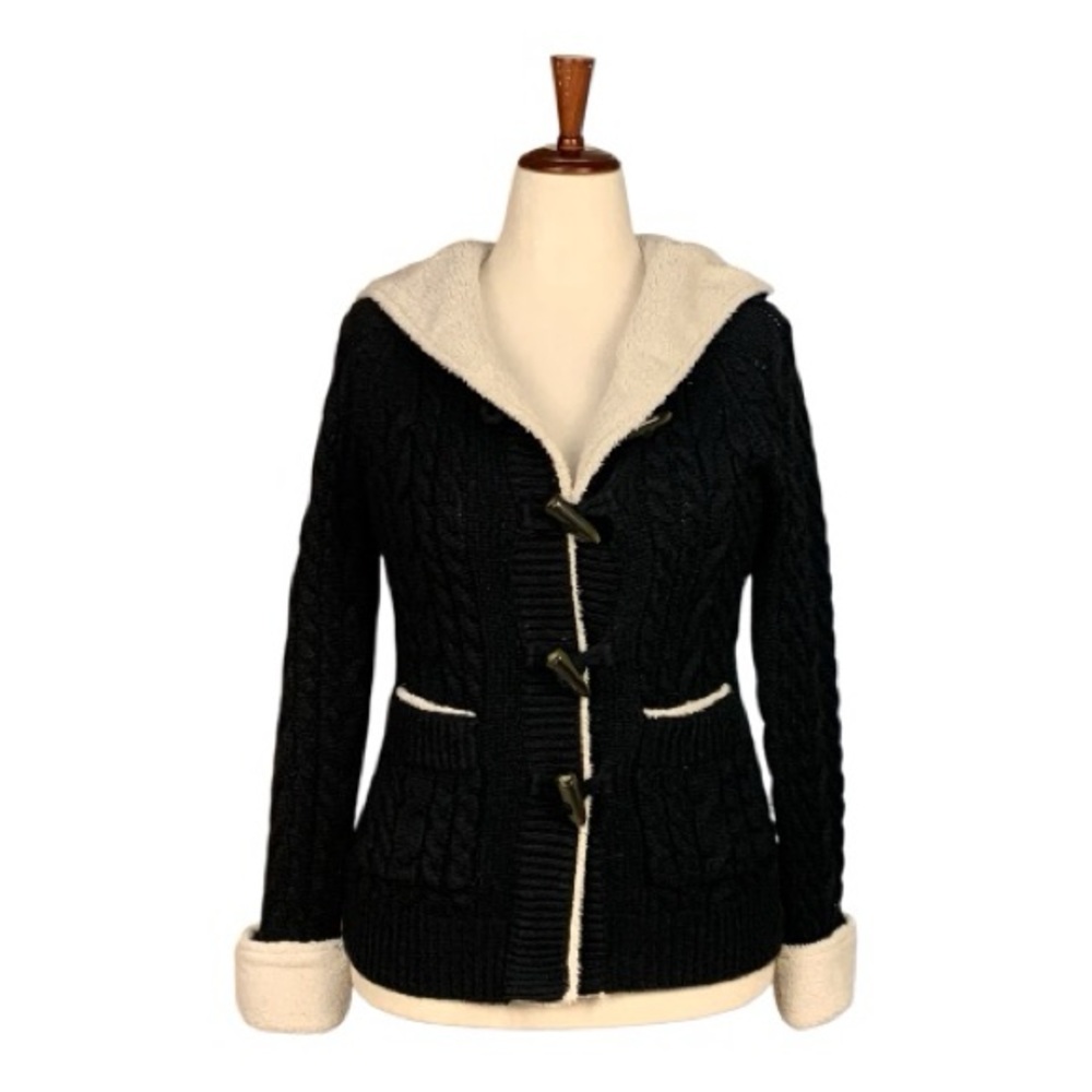 Cabela's Black Hooded‎ Cable Knit Cardigan Cream Trim Toggle Closure Size SP